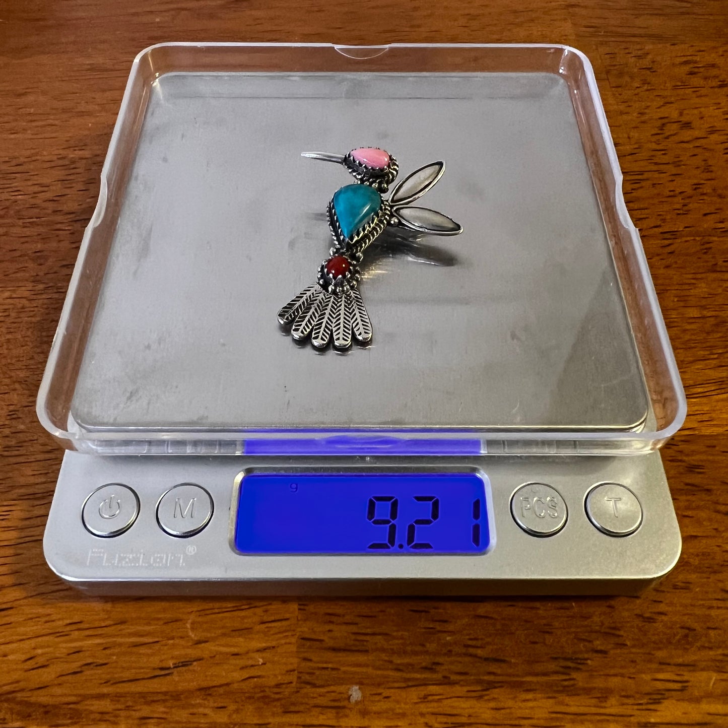 Sterling Kingman Turquoise Queen Conch Coral Hummingbird Brooch Pin