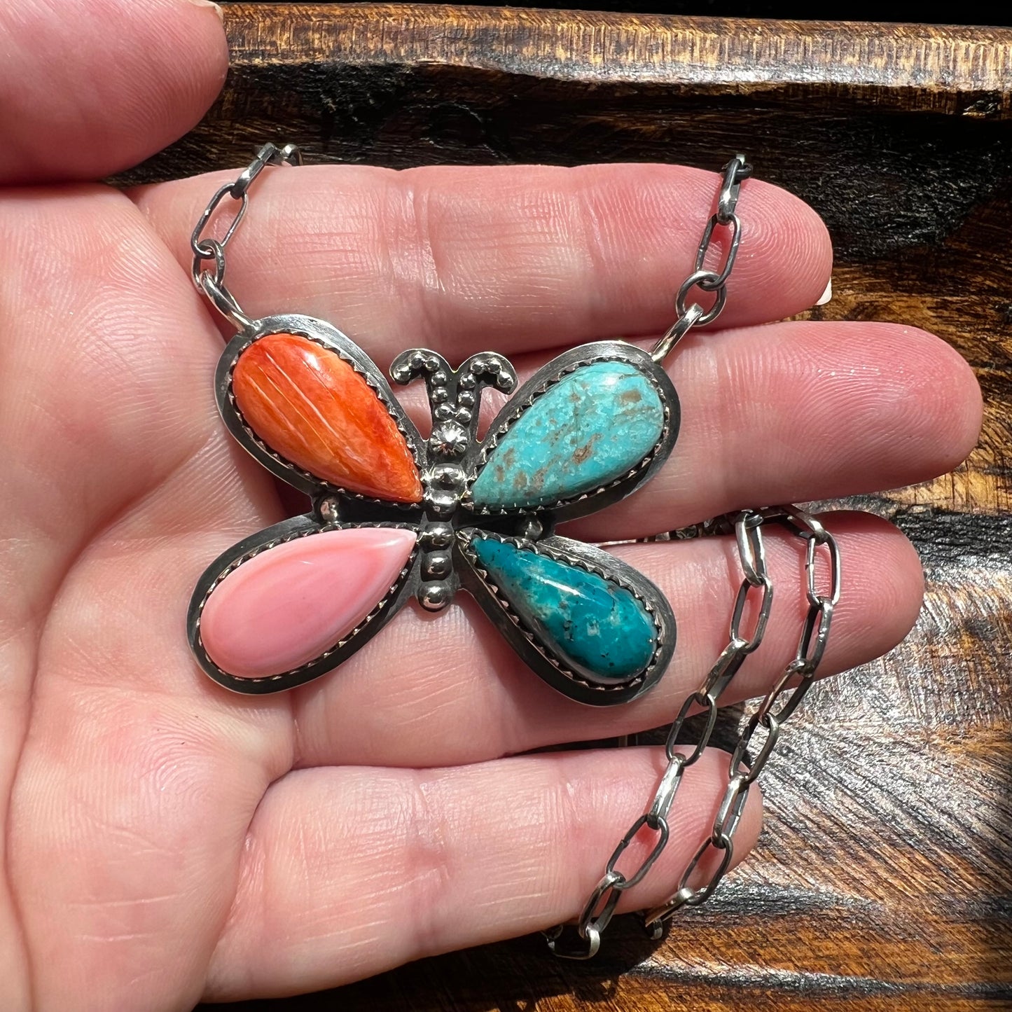 Multistone Butterfly Necklace – Kingman Turquoise, Spiny Oyster & Pink Conch Sterling Silver