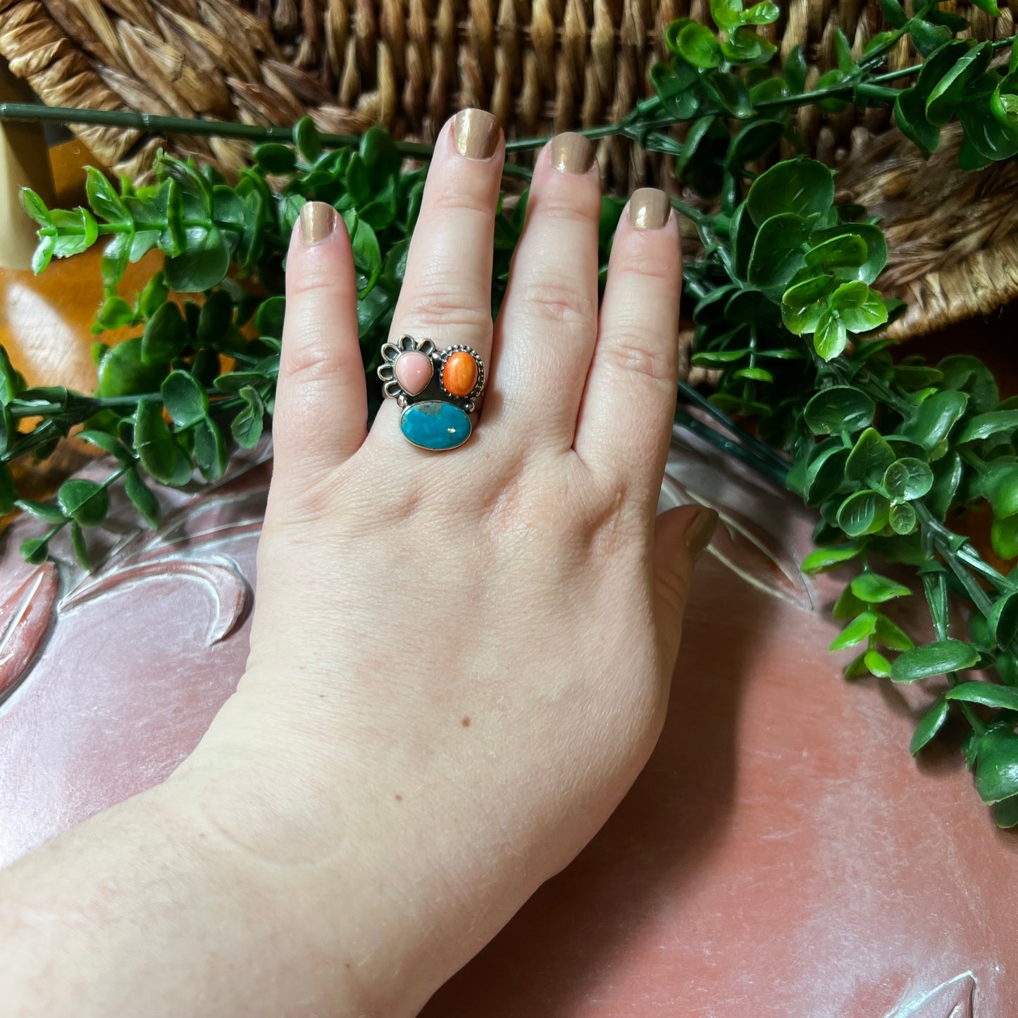 Kingman Turquoise, Spiny Oyster & Queen Conch Sterling Silver Ring – Size 9