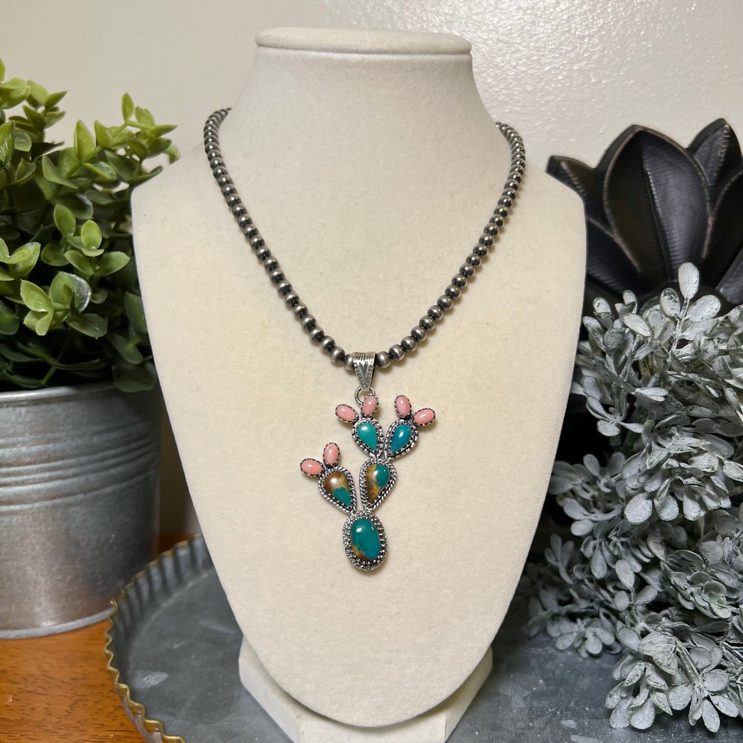 Sterling Silver Fox Turquoise Queen Conch Cactus Pendant