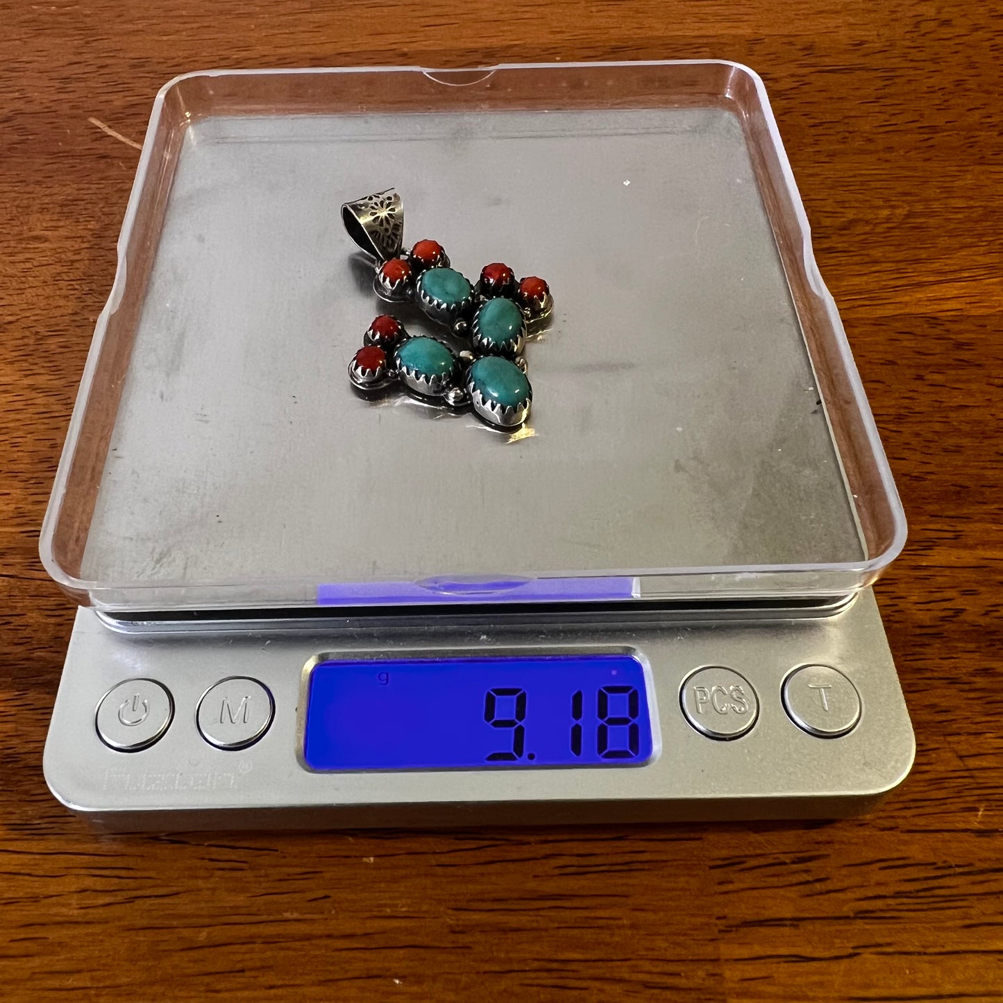 Kingman Turquoise & Coral Cactus Sterling Silver Pendant