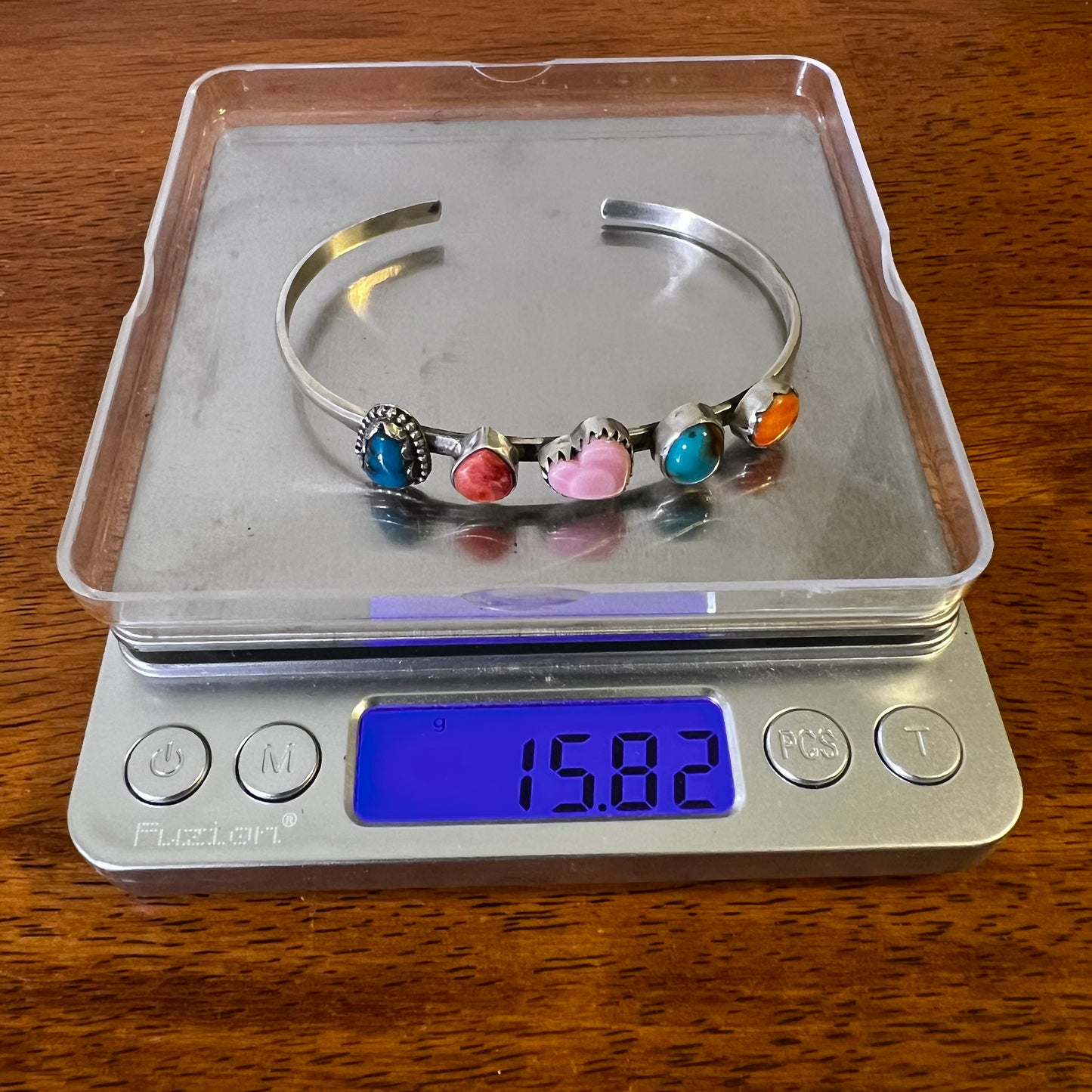 Multi-Stone Sterling Silver Cuff Bracelet | Turquoise, Queen Conch & Spiny Oyster | Size 7.5