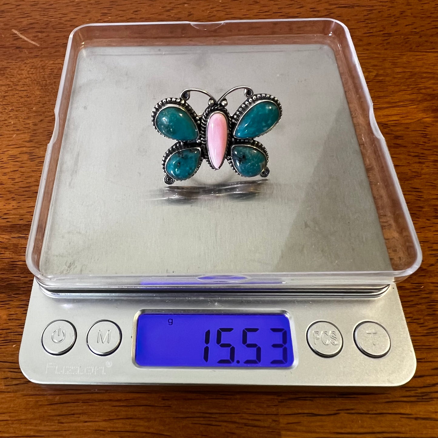 Kingman Turquoise & Pink Conch Butterfly Ring Sterling Silver Size 9