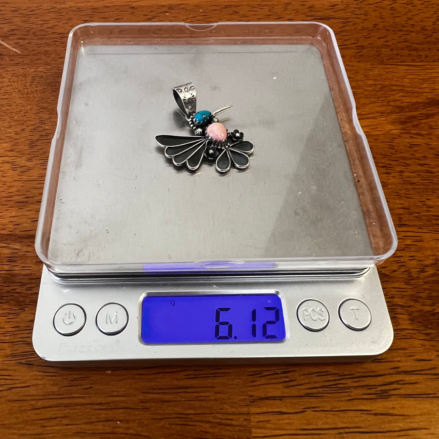 Sterling Silver Hummingbird Pendant – Pink Conch & Kingman Turquoise