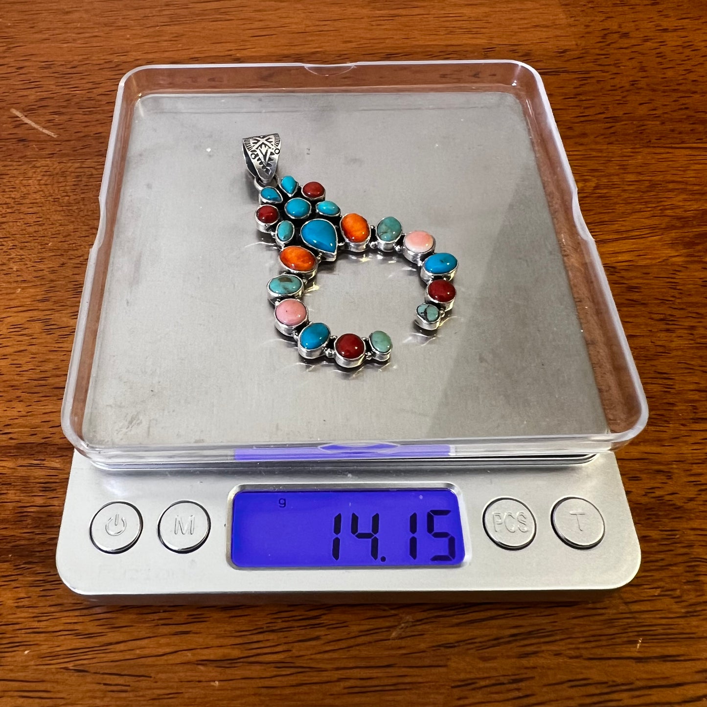 Multi Stone Naja Pendant – Kingman Turquoise, Coral & Conch – Sterling Silver