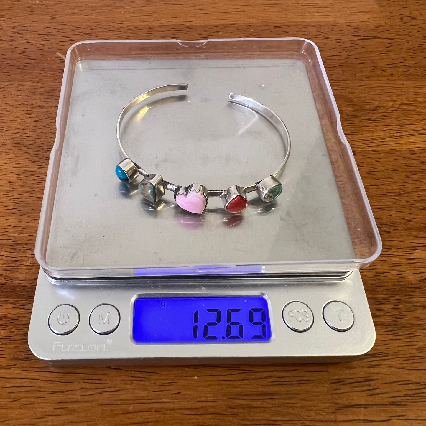 925 Sterling Silver Multi-Stone Cuff Bracelet Kingman Turquoise Spiny Oyster Conch Heart Southwestern