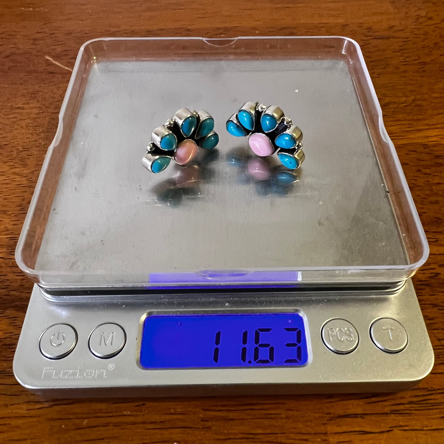 Pink Conch & Kingman Turquoise Cluster Sterling Silver Earrings
