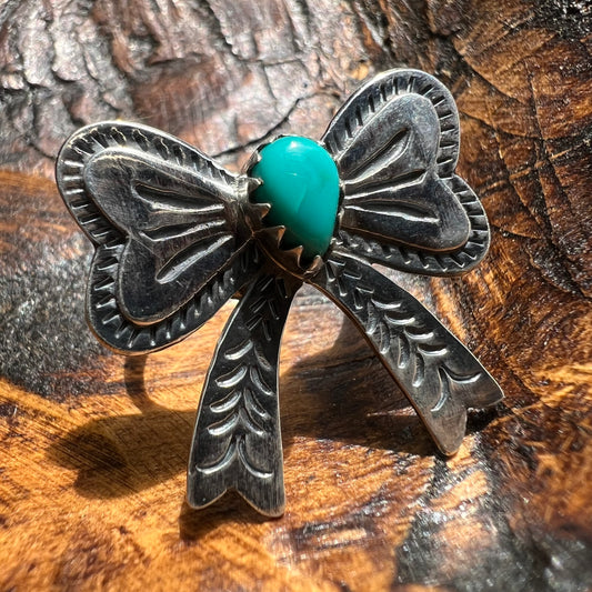 925 Sterling Silver Kingman Turquoise Bow Ring Size 8 Western Statement Ring