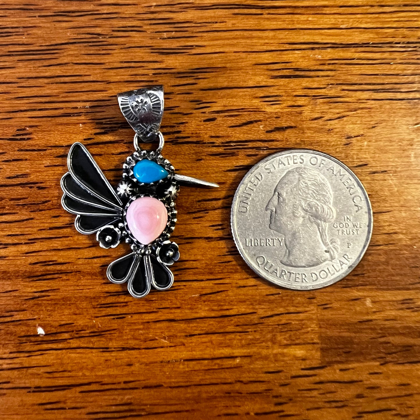 Pink Conch & Kingman Turquoise Hummingbird Sterling Silver Pendant