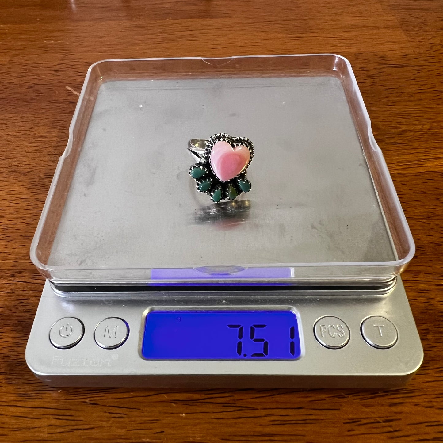 Pink Conch Heart & Kingman Turquoise Cluster Ring