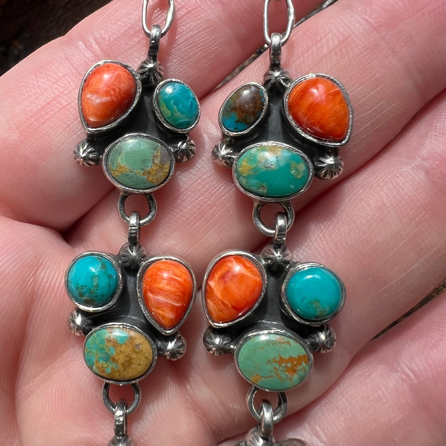 Collector’s Kingman Turquoise & Spiny Oyster Cluster Necklace – 29 Stone Statement