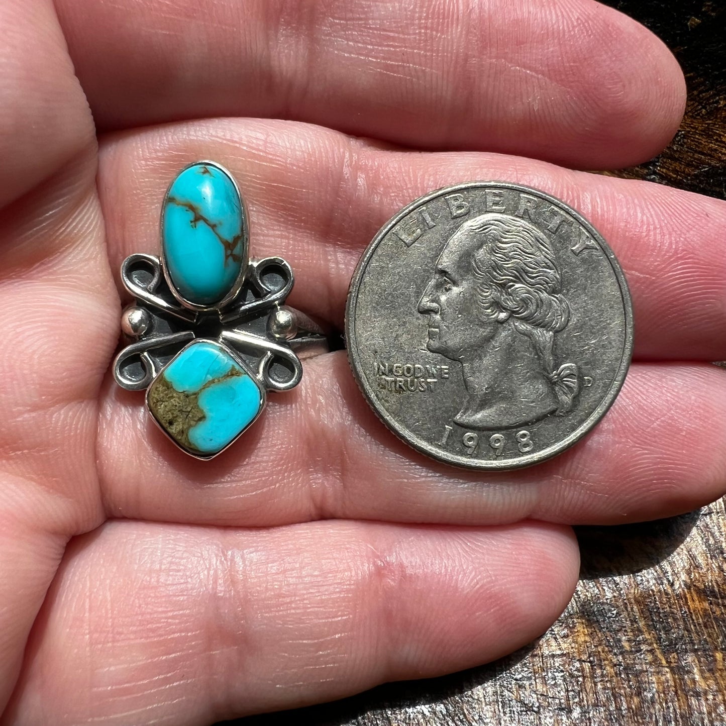Sterling Silver & Kingman Turquoise Double Stone Ring | Size 9