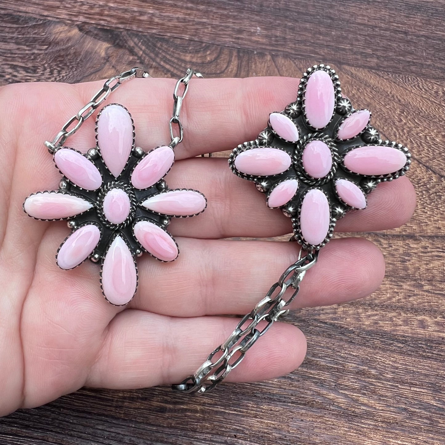 Blush Conch Floral Cluster Ring – Handcrafted Sterling Statement