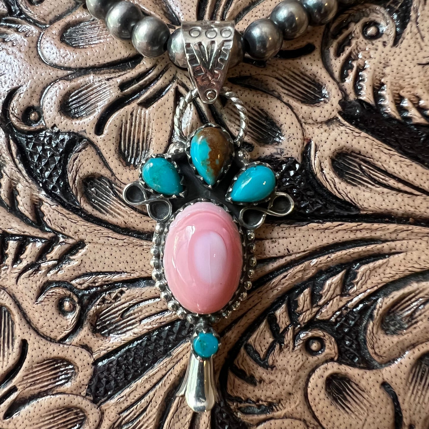 Pink Conch & Kingman Turquoise Squash Blossom Pendant – Sterling Silver
