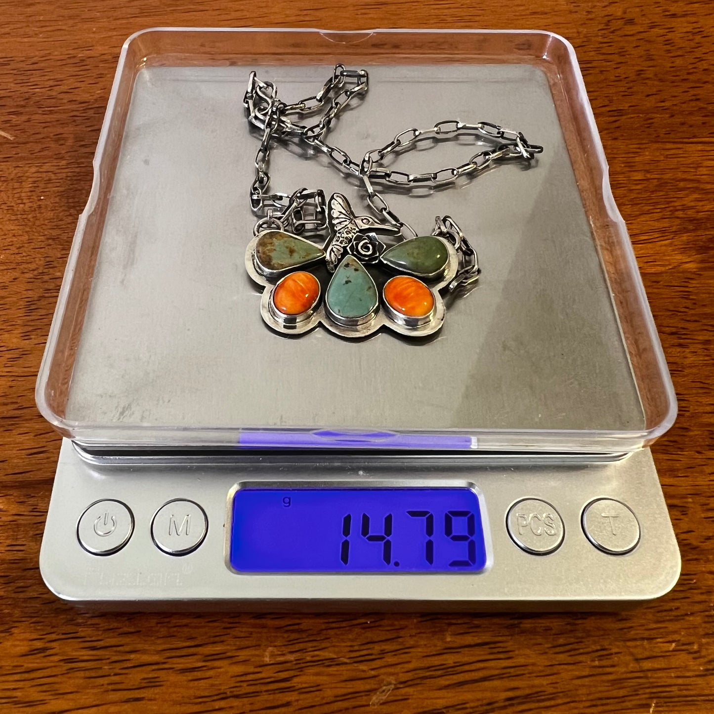Sterling Silver Kingman Turquoise & Spiny Oyster Butterfly Hummingbird Necklace