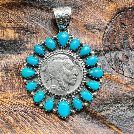 1936 Buffalo Nickel & Kingman Turquoise Cluster Pendant