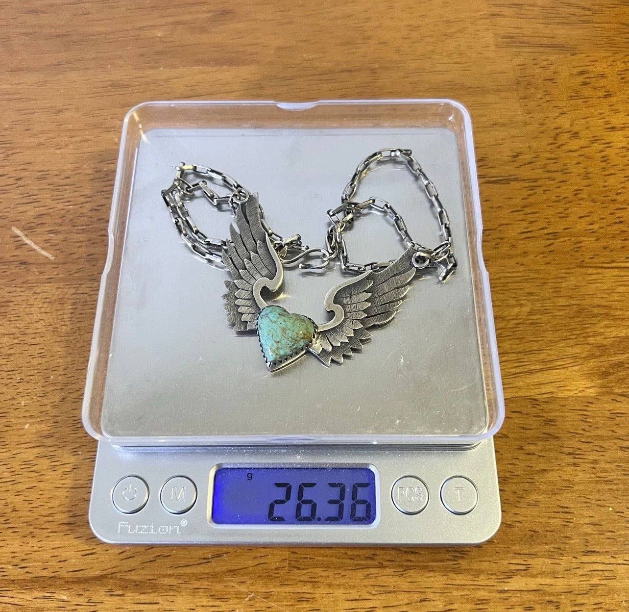 Kingman Turquoise Heart with Wings Sterling Silver Necklace