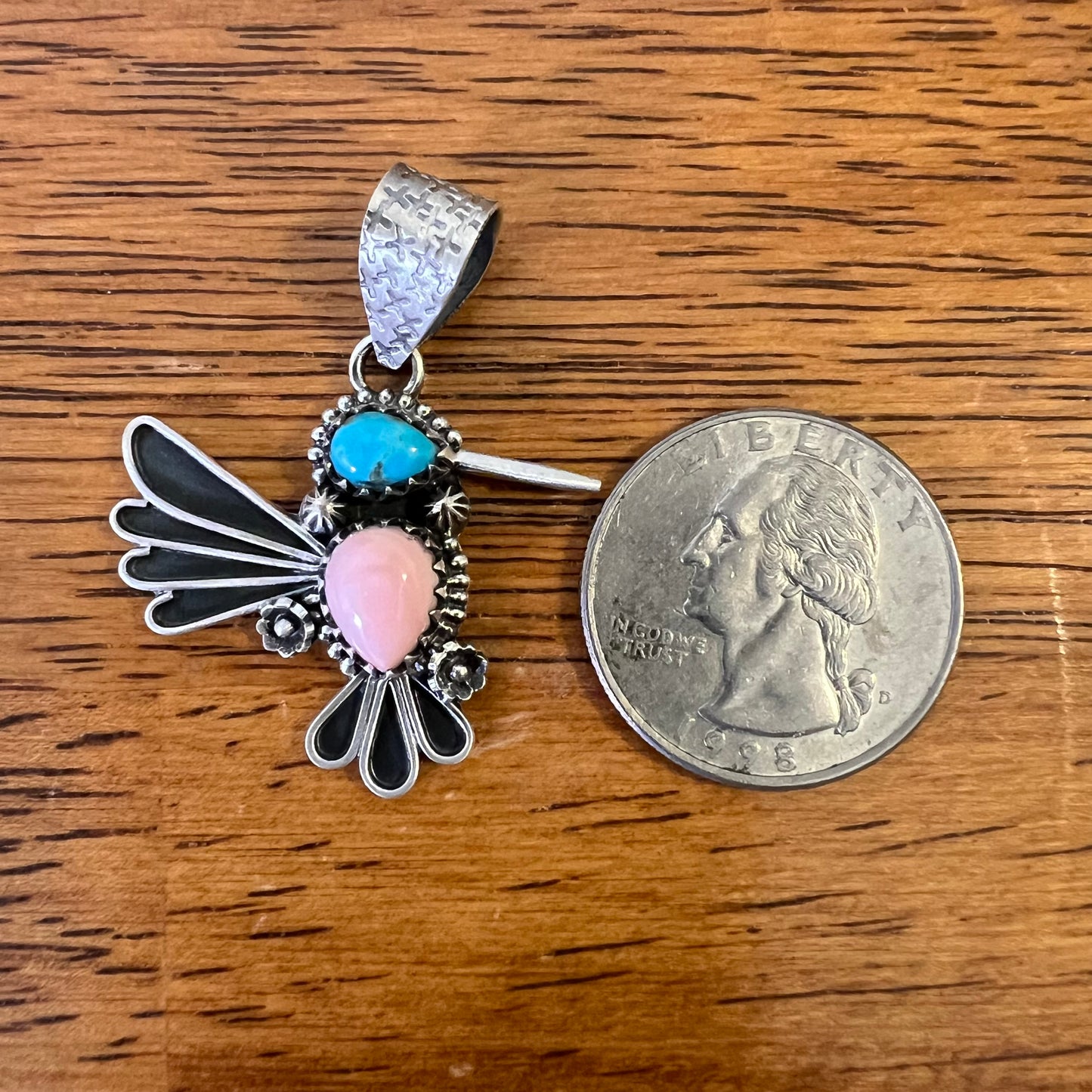 Sterling Silver Kingman Turquoise Queen Conch Hummingbird Pendant