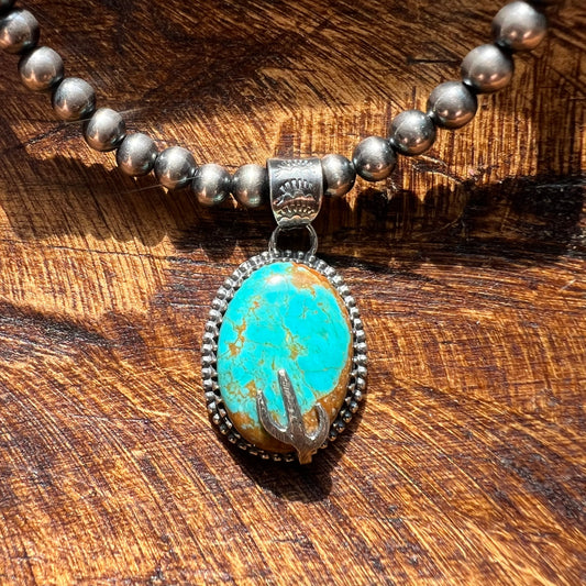 925 Sterling Silver Kingman Turquoise Cactus Pendant Handmade Southwestern