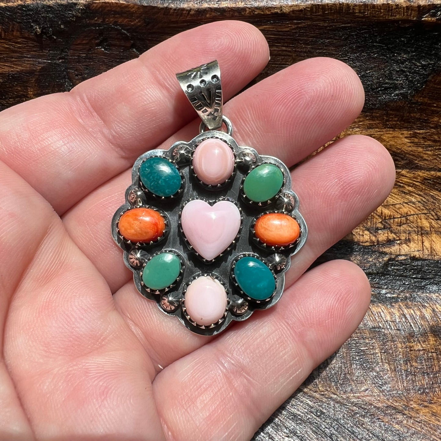 Queen Conch, Kingman Turquoise & Spiny Oyster Cluster Heart Pendant
