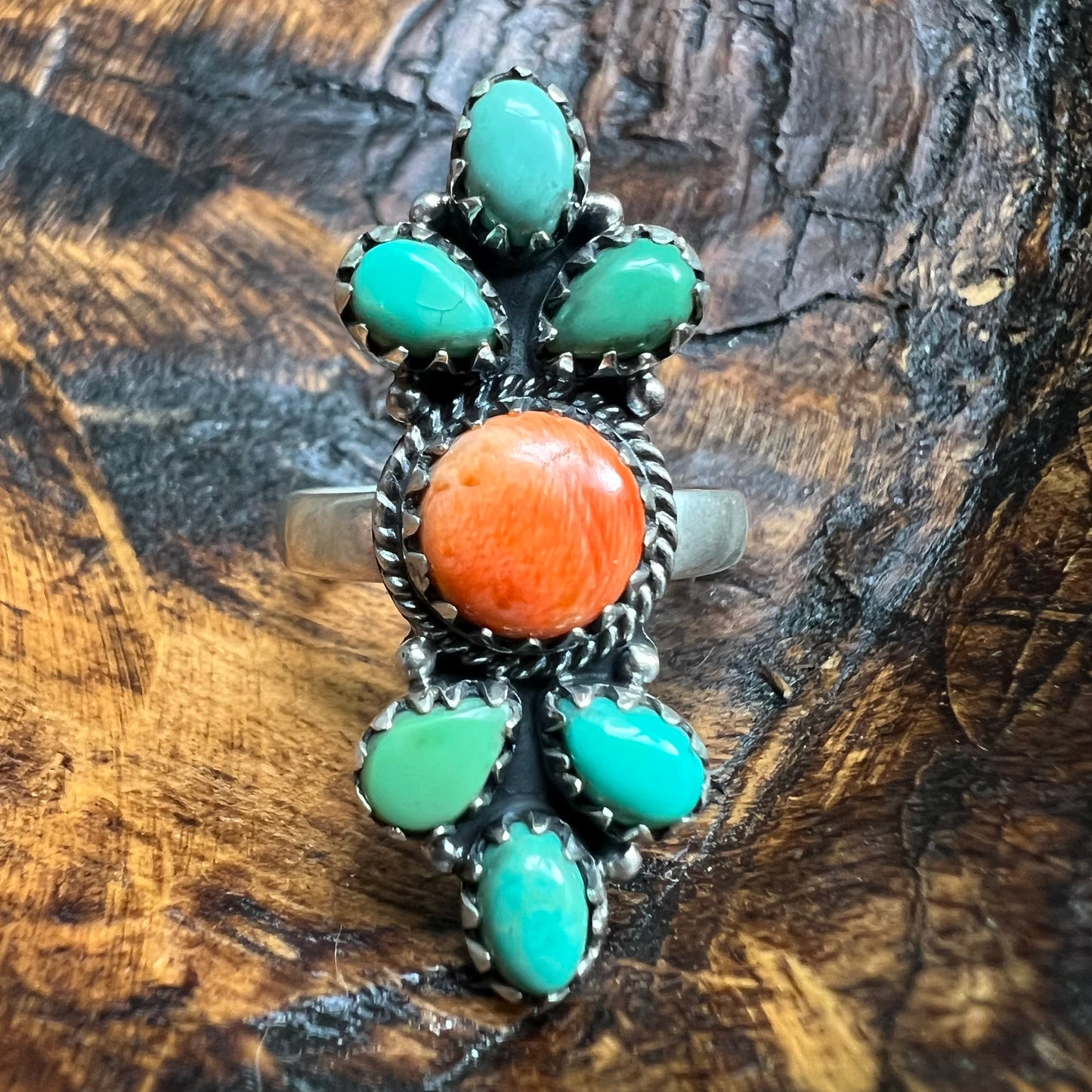 Sterling Silver Spiny Oyster Turquoise Cluster Ring Adjustable Size 9