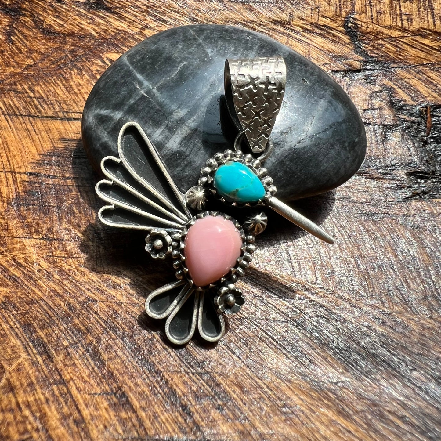 Sterling Silver Kingman Turquoise Queen Conch Hummingbird Pendant