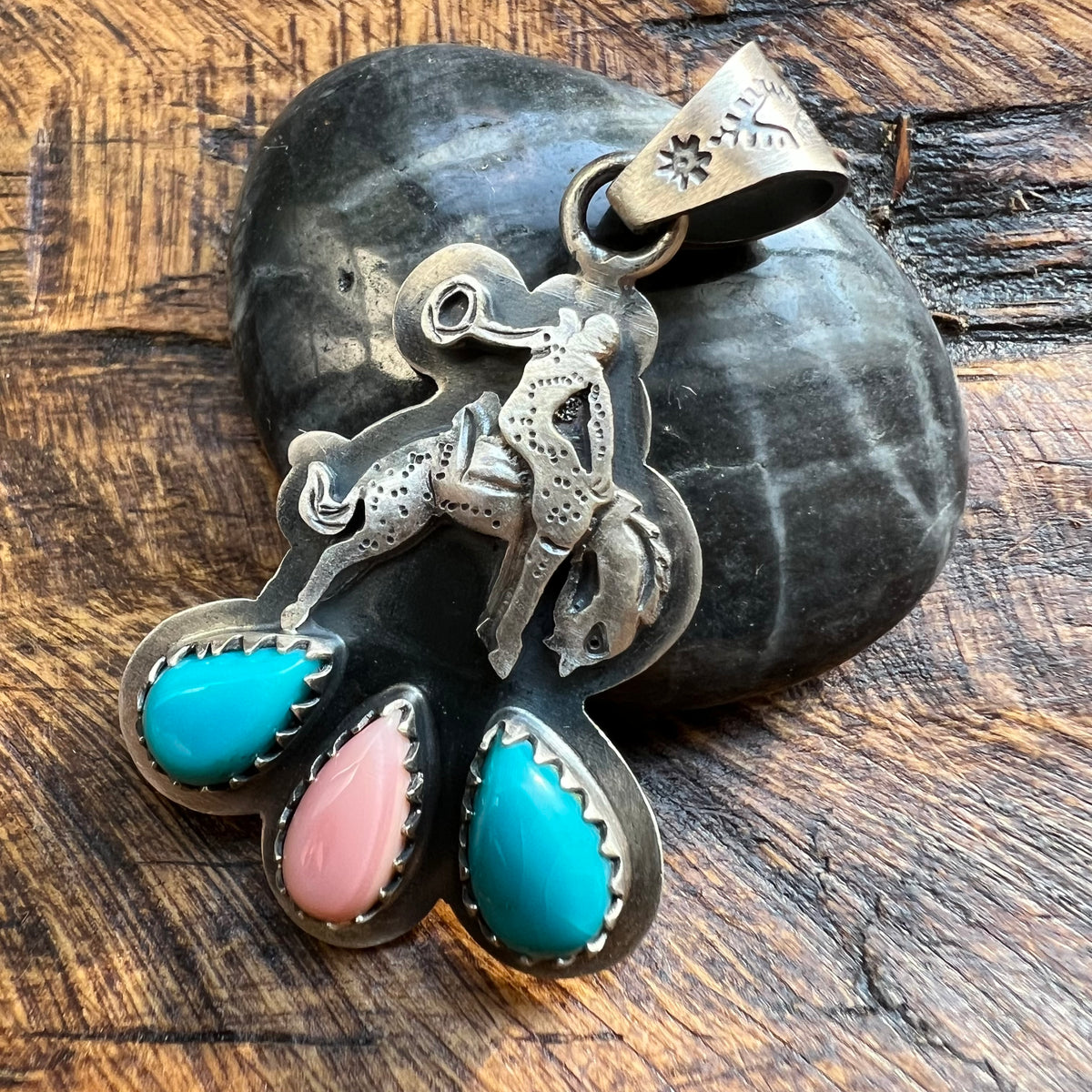 Sterling Silver Kingman Turquoise Queen Conch Bucking Bronco Pendant
