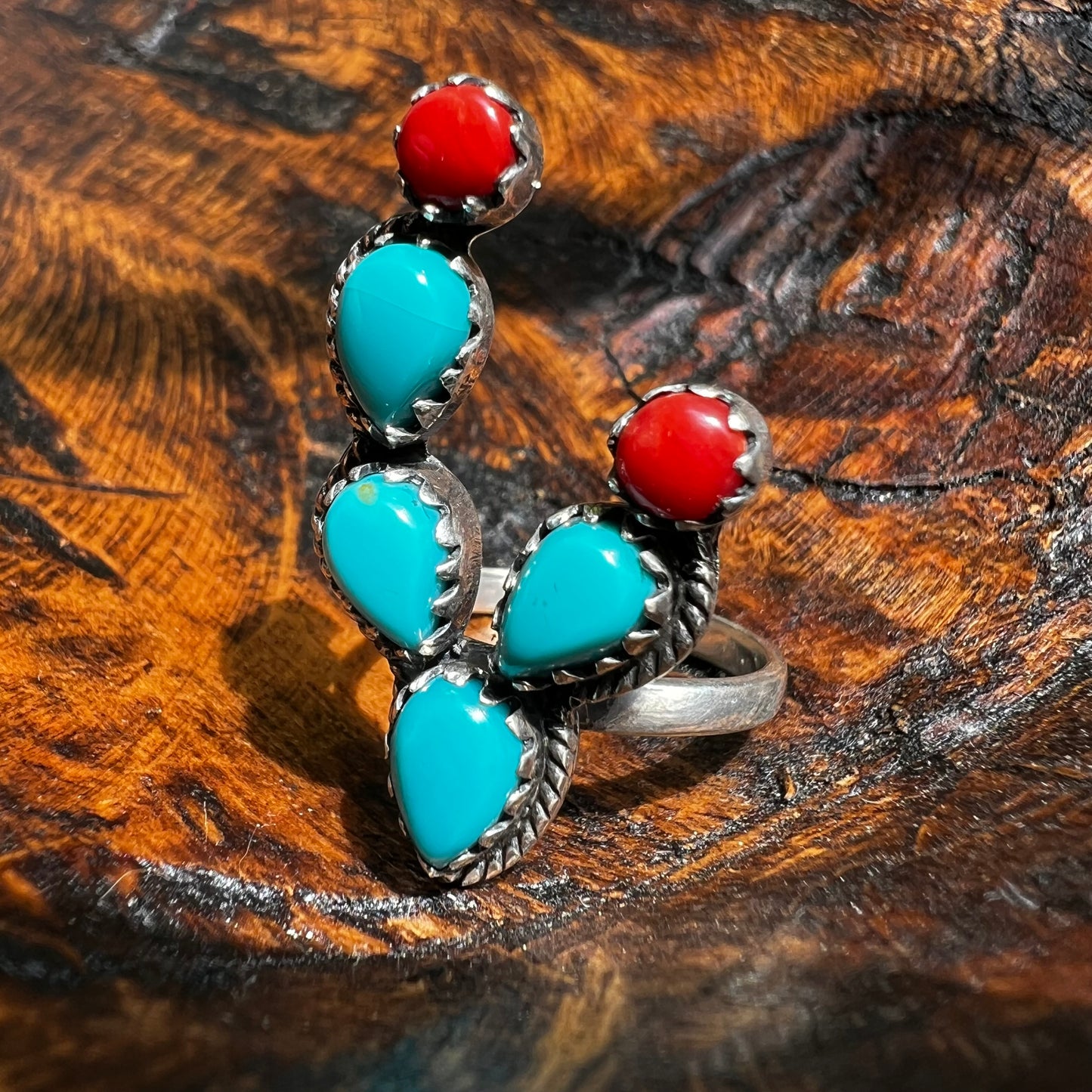 Sterling Silver Kingman Turquoise & Italian Coral Cactus Ring