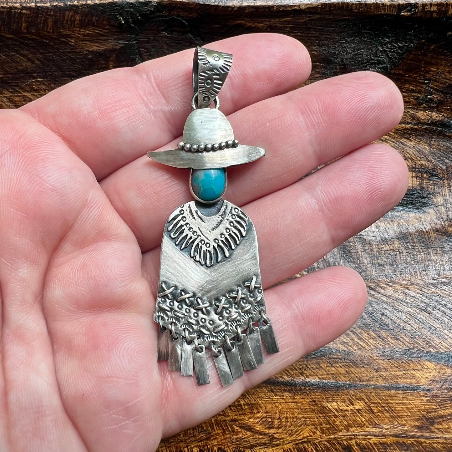 Cowboy Poncho Pendant in Sterling Silver & Kingman Turquoise