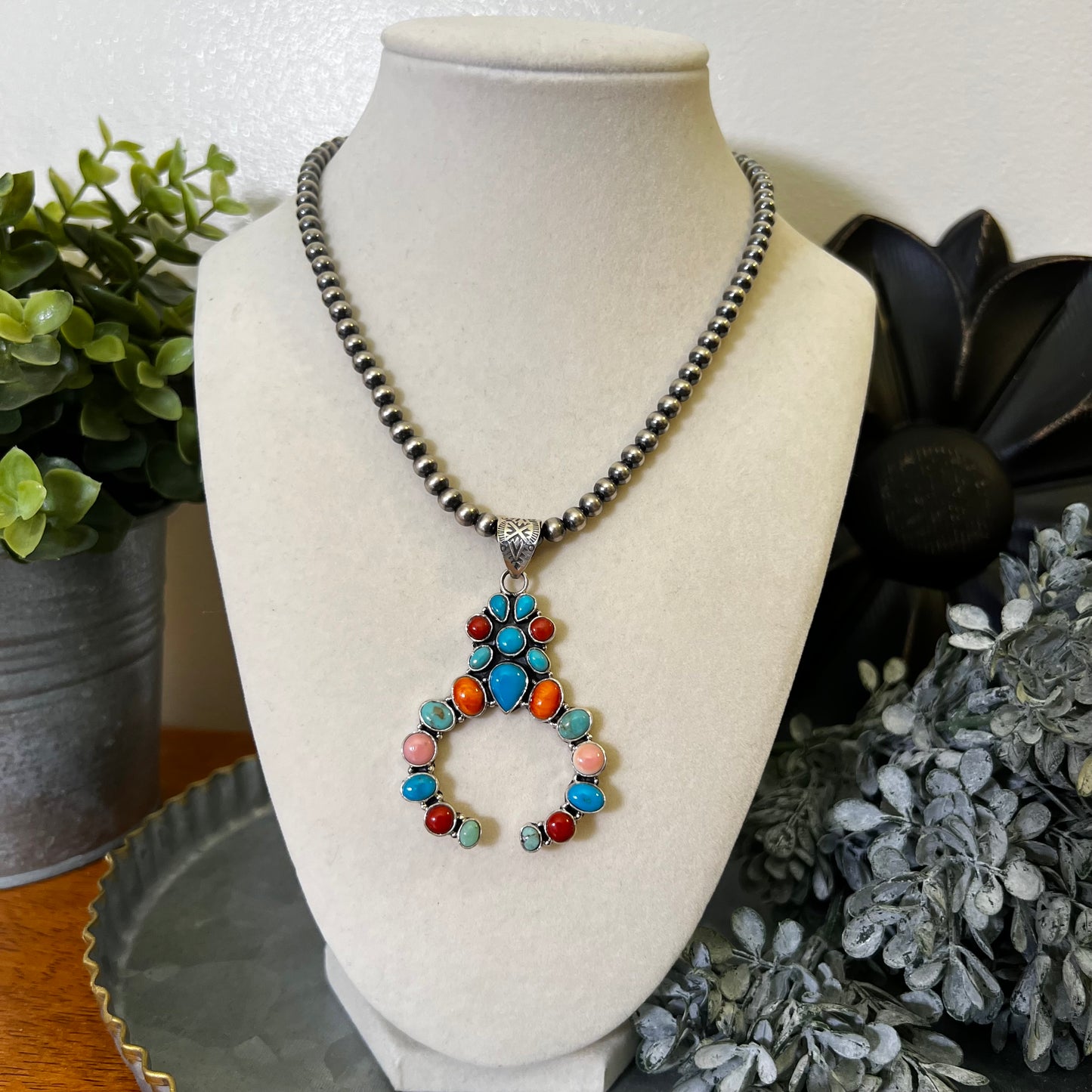Multi Stone Naja Pendant – Kingman Turquoise, Coral & Conch – Sterling Silver