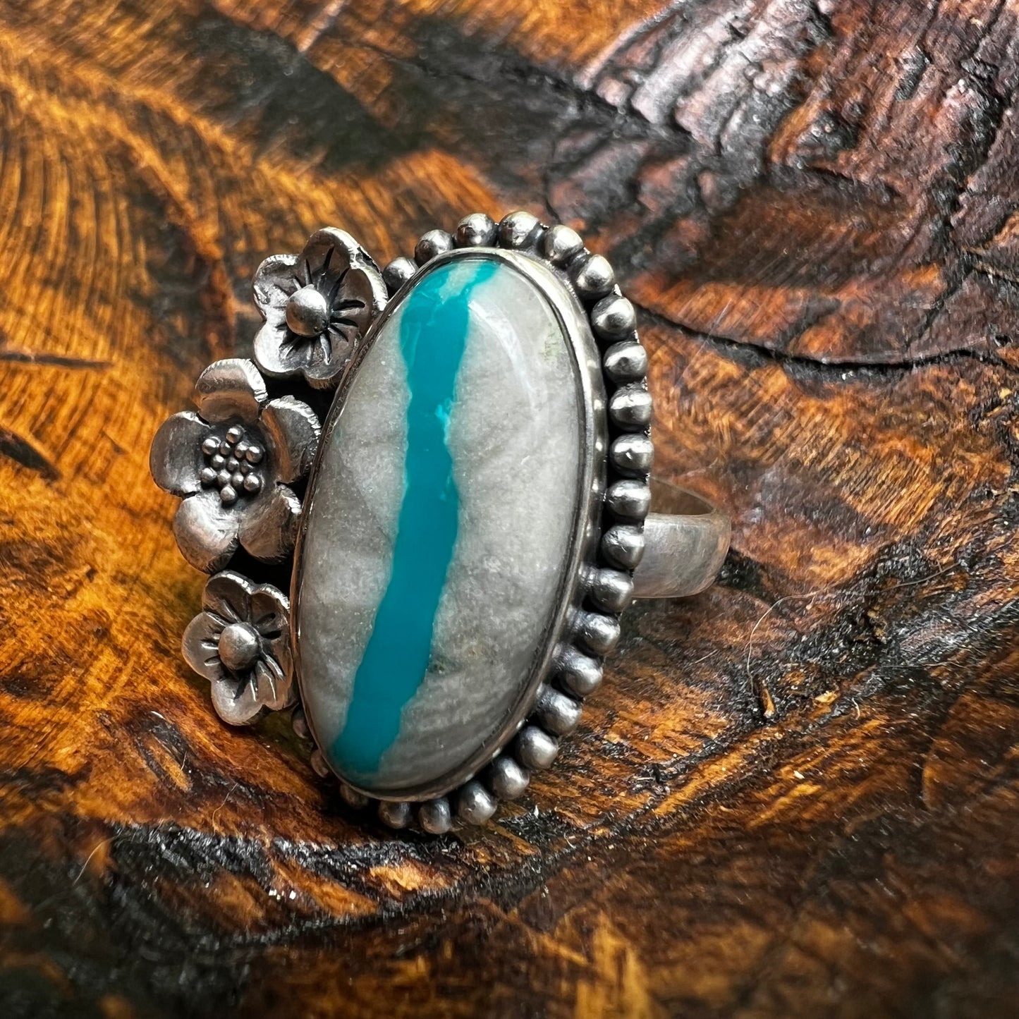 Ribbon Turquoise Floral Sterling Silver Statement Ring – Adjustable Size 9