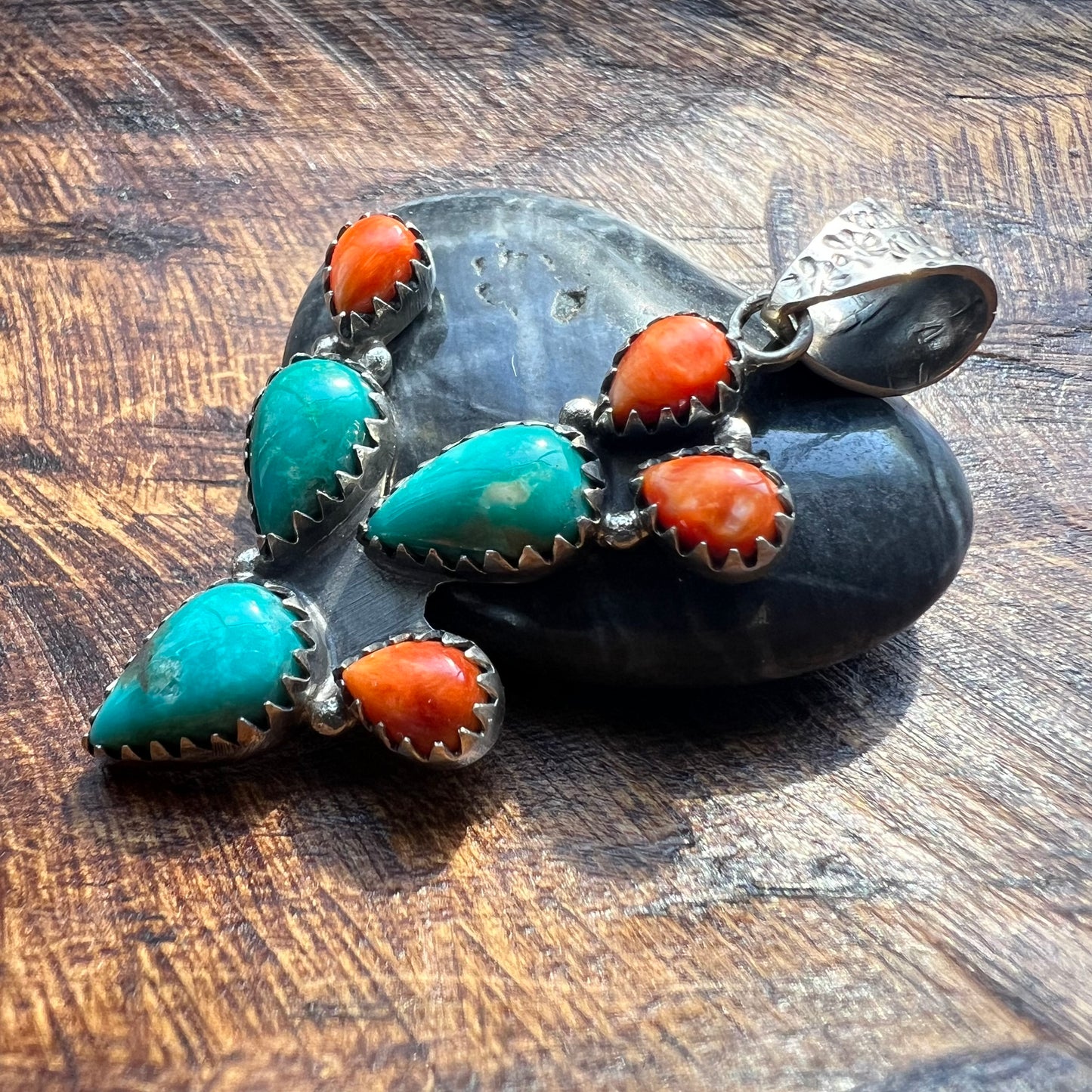 Southwestern Sterling Silver Turquoise & Spiny Oyster Cactus Pendant