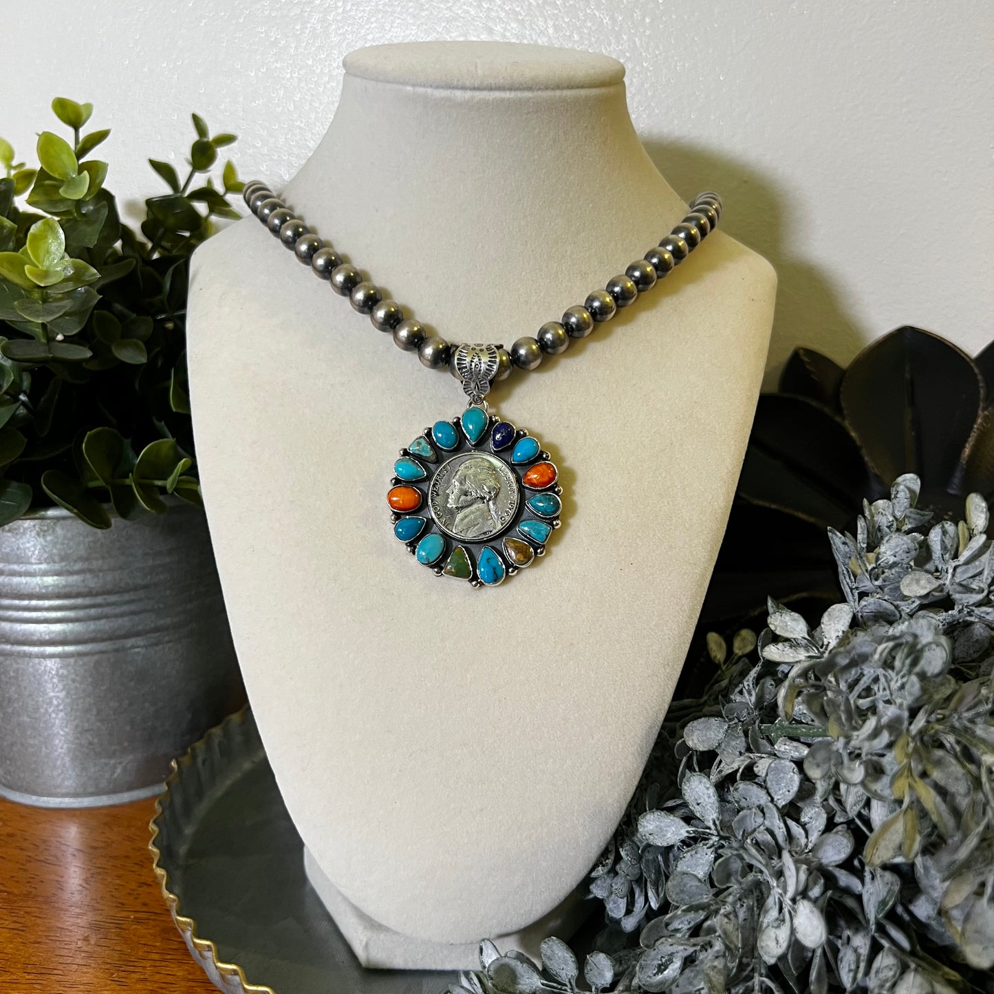 Multi-Stone Coin Cluster Sterling Silver Pendant