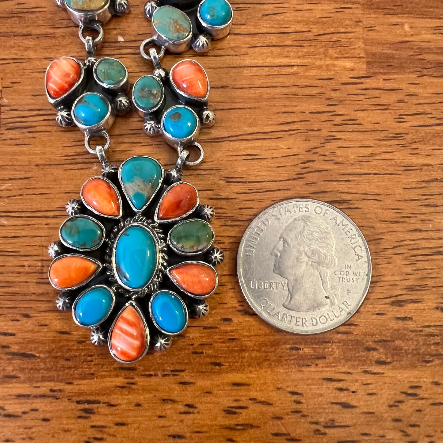 Collector’s Kingman Turquoise & Spiny Oyster Cluster Necklace – 29 Stone Statement