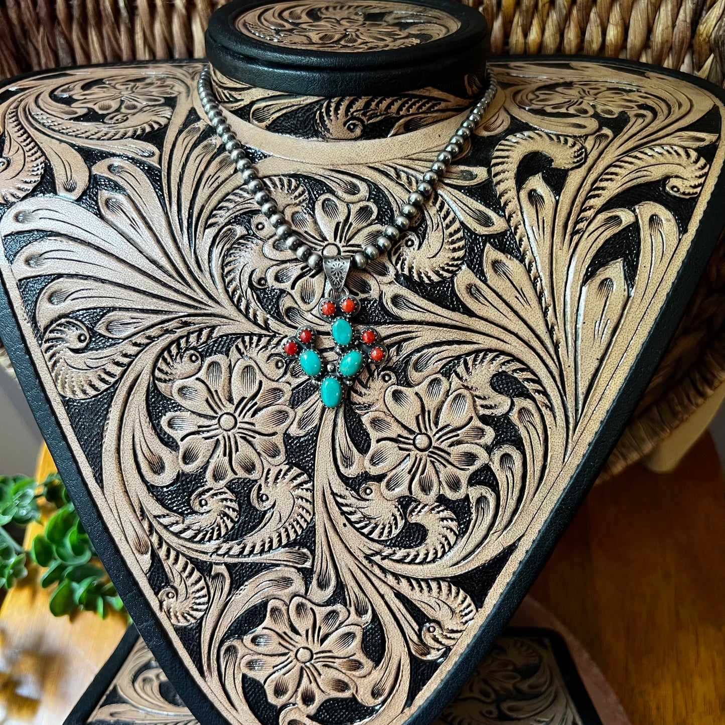 Kingman Turquoise & Coral Cactus Sterling Silver Pendant