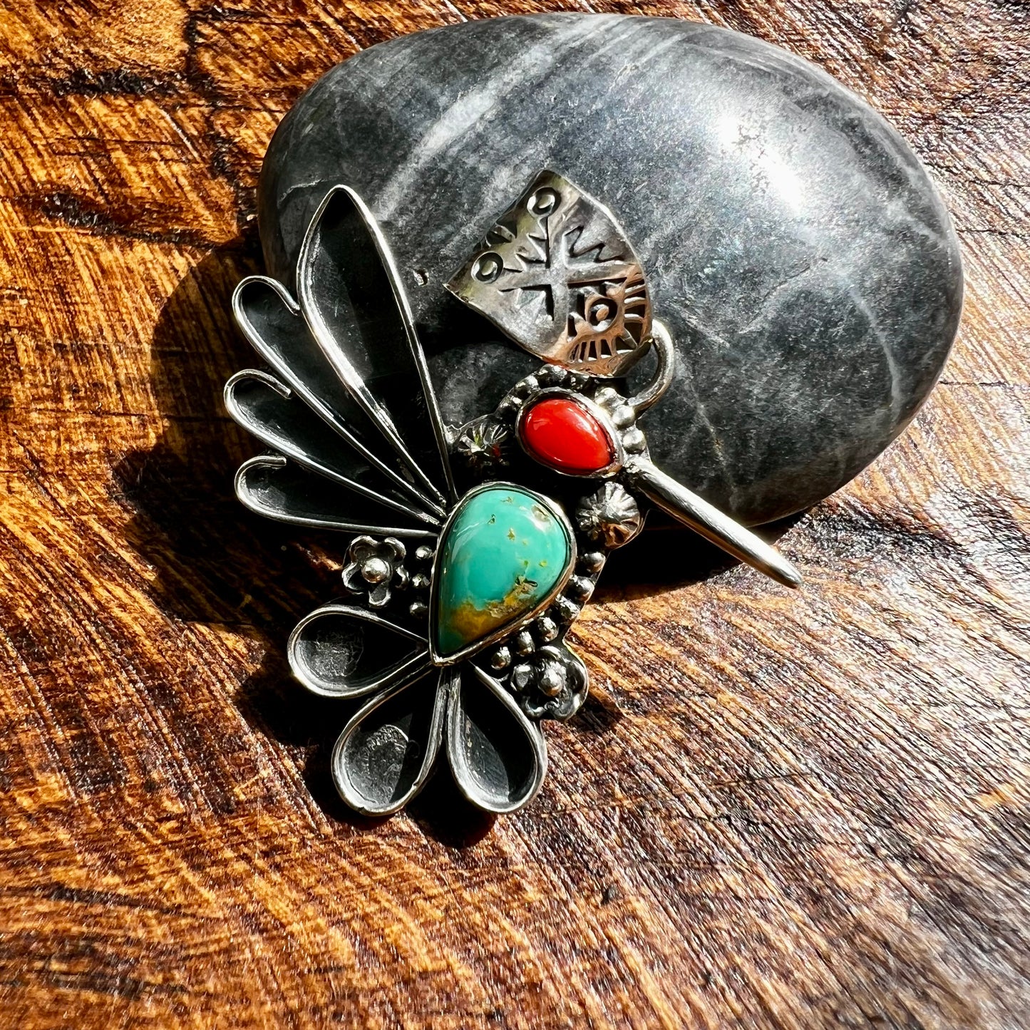 Kingman Turquoise & Italian Red Coral Hummingbird Pendant