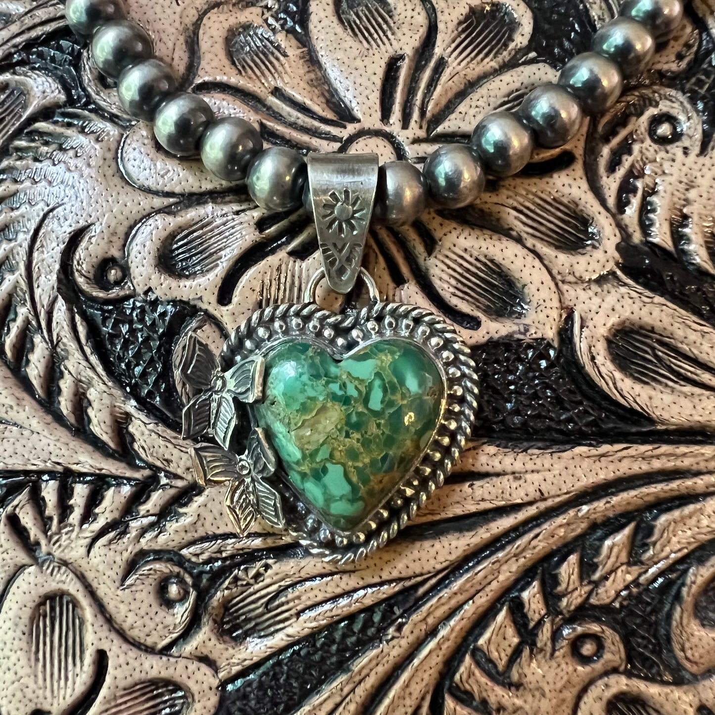 Heart Butterfly Pendant
Handcrafted Sterling Silver & Green Kingman Turquoise
