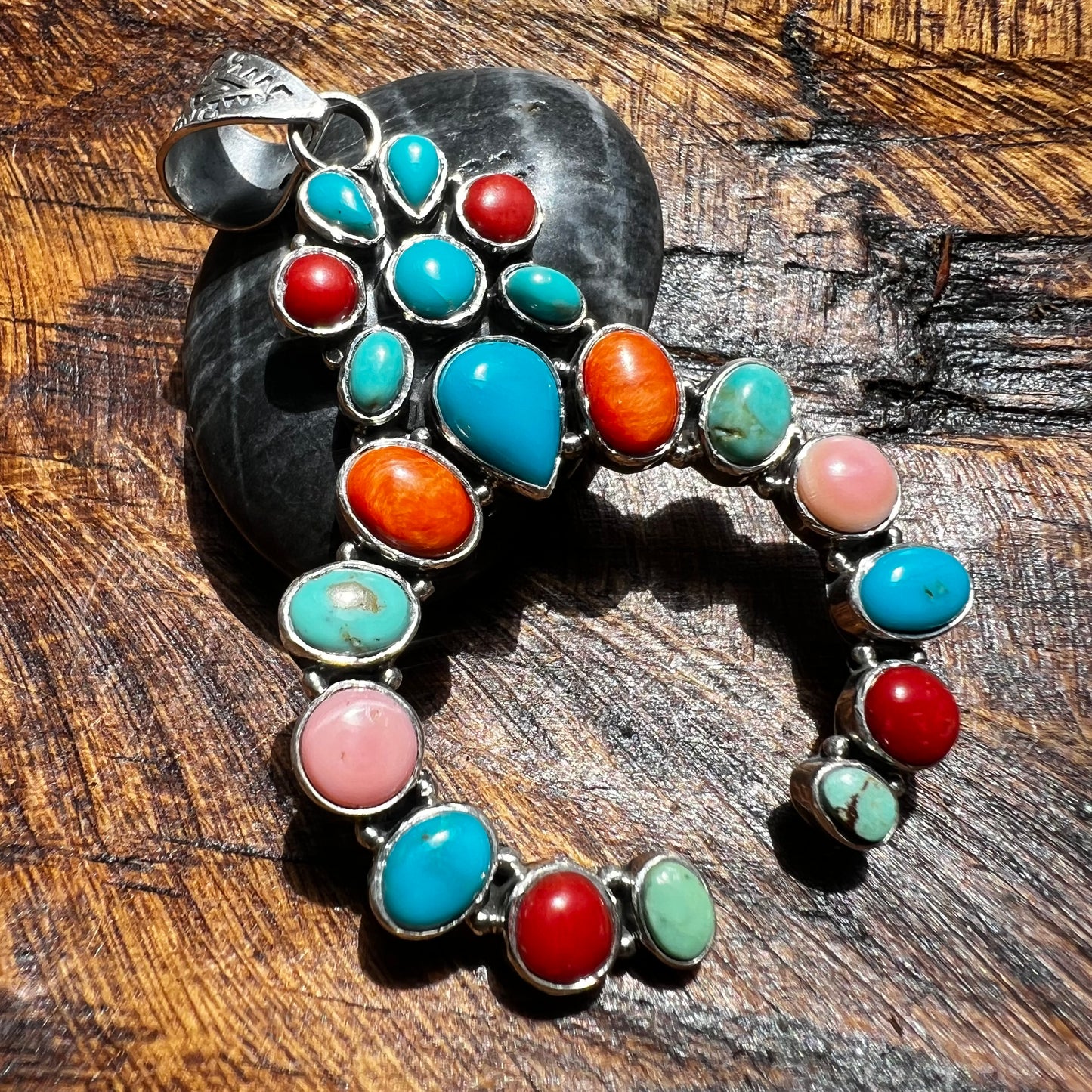 Multi Stone Naja Pendant – Kingman Turquoise, Coral & Conch – Sterling Silver