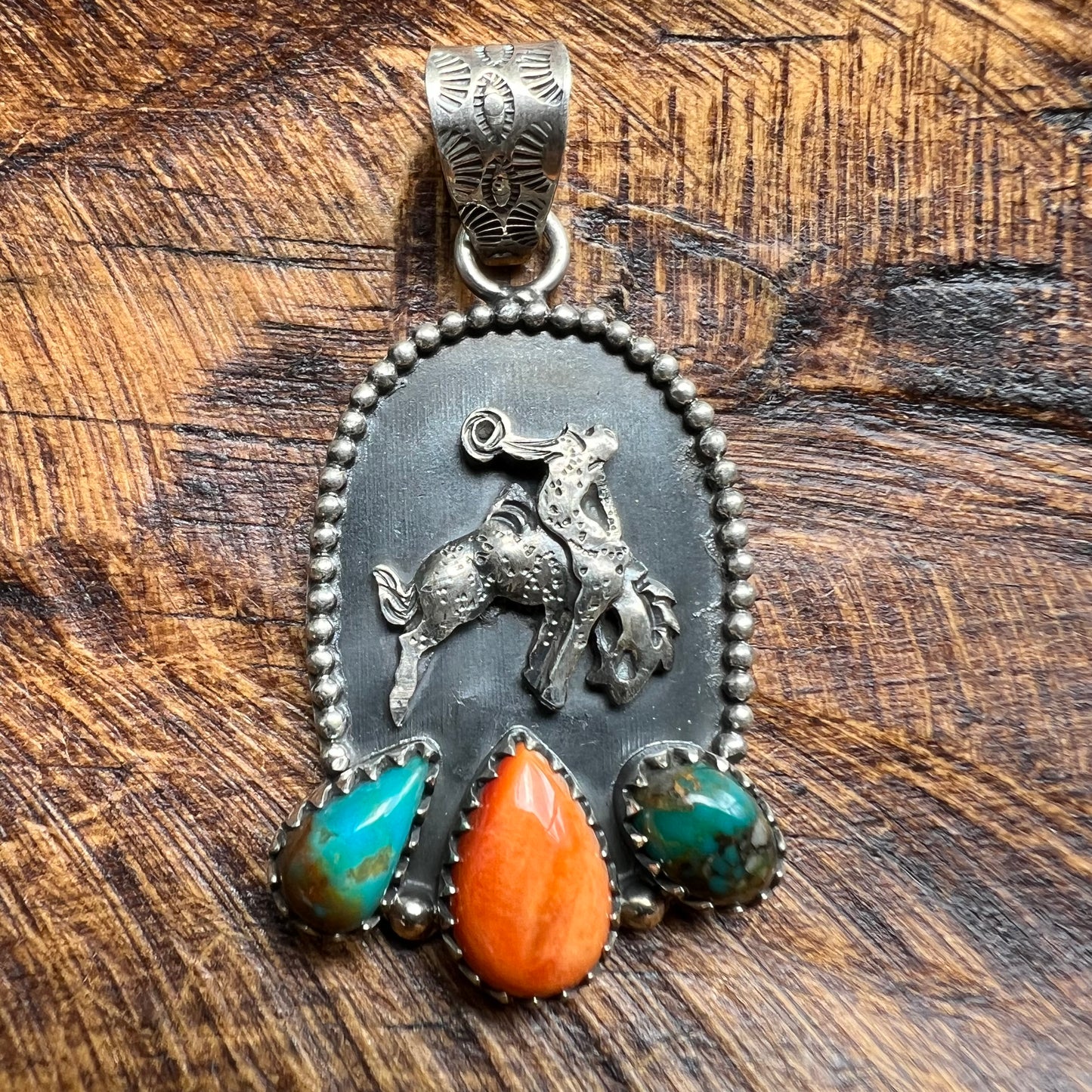 Sterling Silver Kingman Turquoise Spiny Oyster Bucking Bronco Pendant