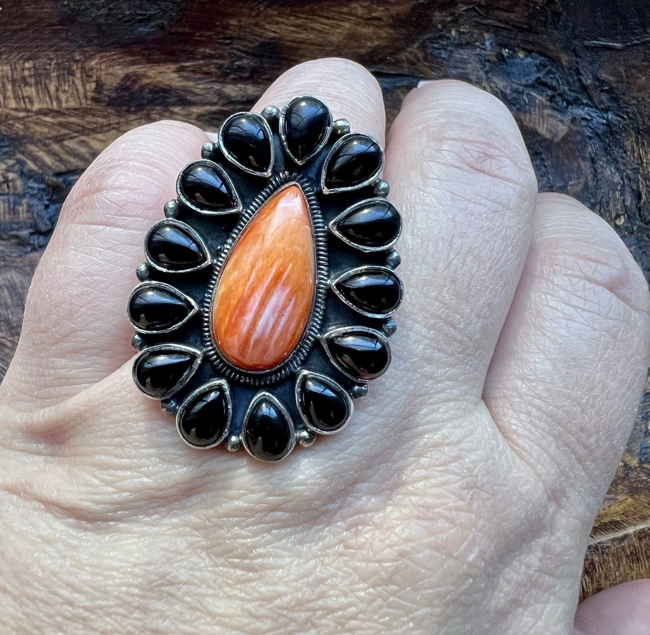 Spiny Oyster & Black Onyx Cluster Statement Ring | Sterling Silver | Size 7