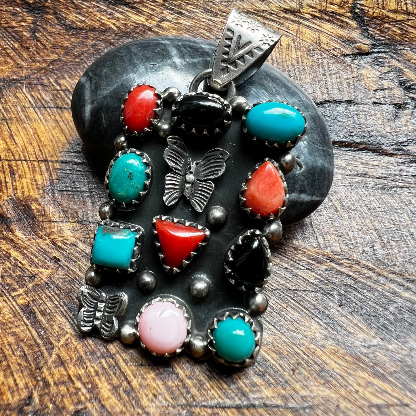 Sterling Silver Multi-Stone Butterfly Statement Pendant | Turquoise, Red Coral, Queen Conch & Black Onyx
