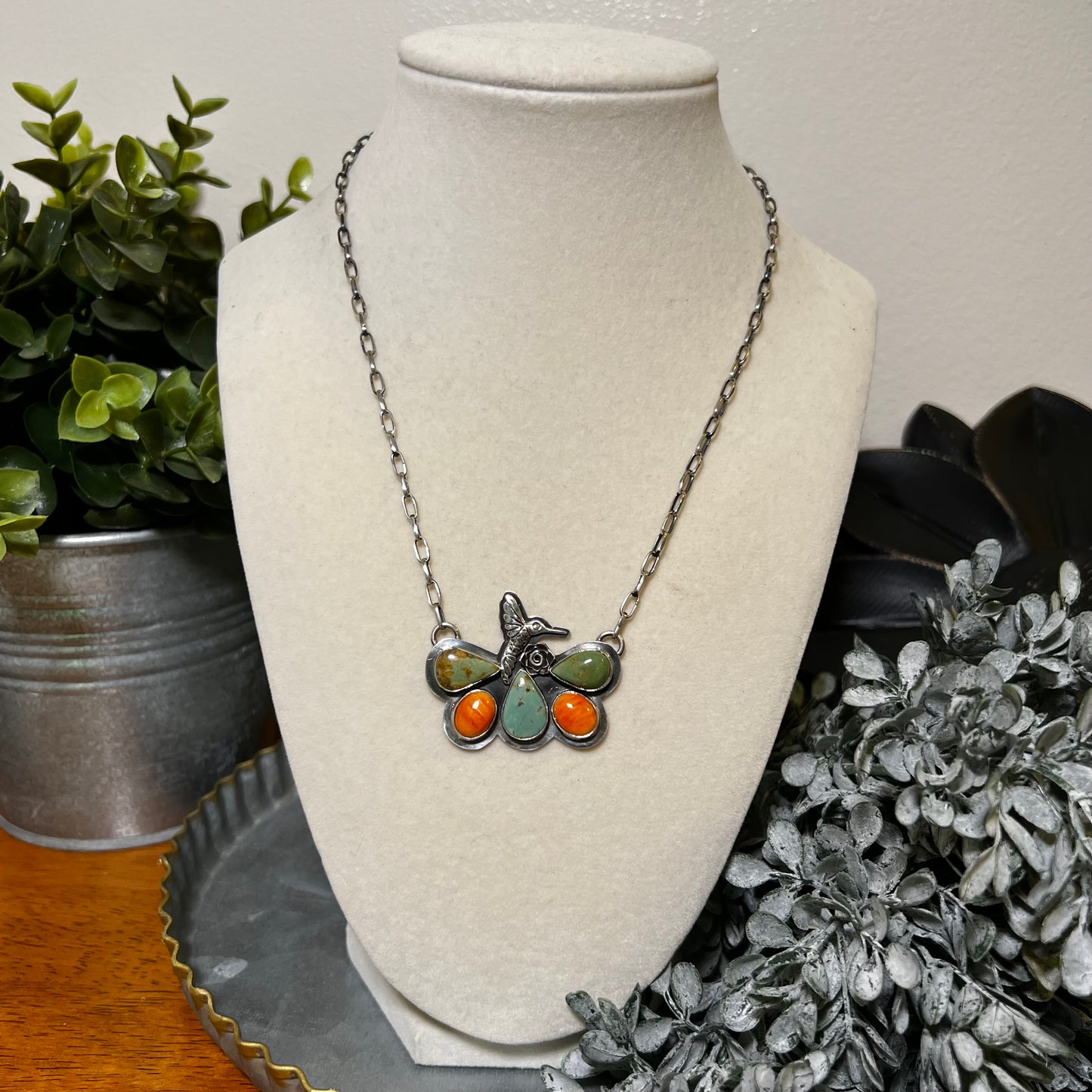 Sterling Silver Kingman Turquoise & Spiny Oyster Butterfly Hummingbird Necklace