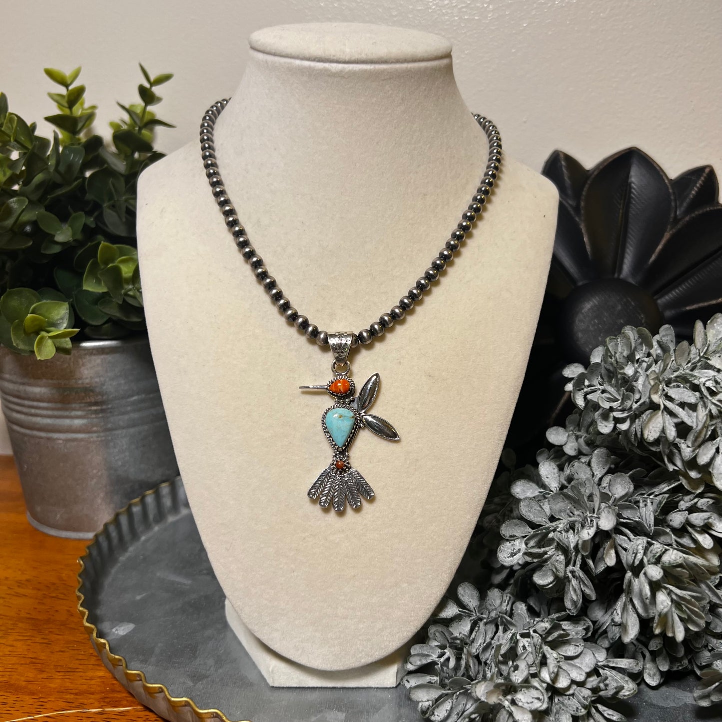 Kingman Turquoise Spiny Oyster Coral Hummingbird Pendant