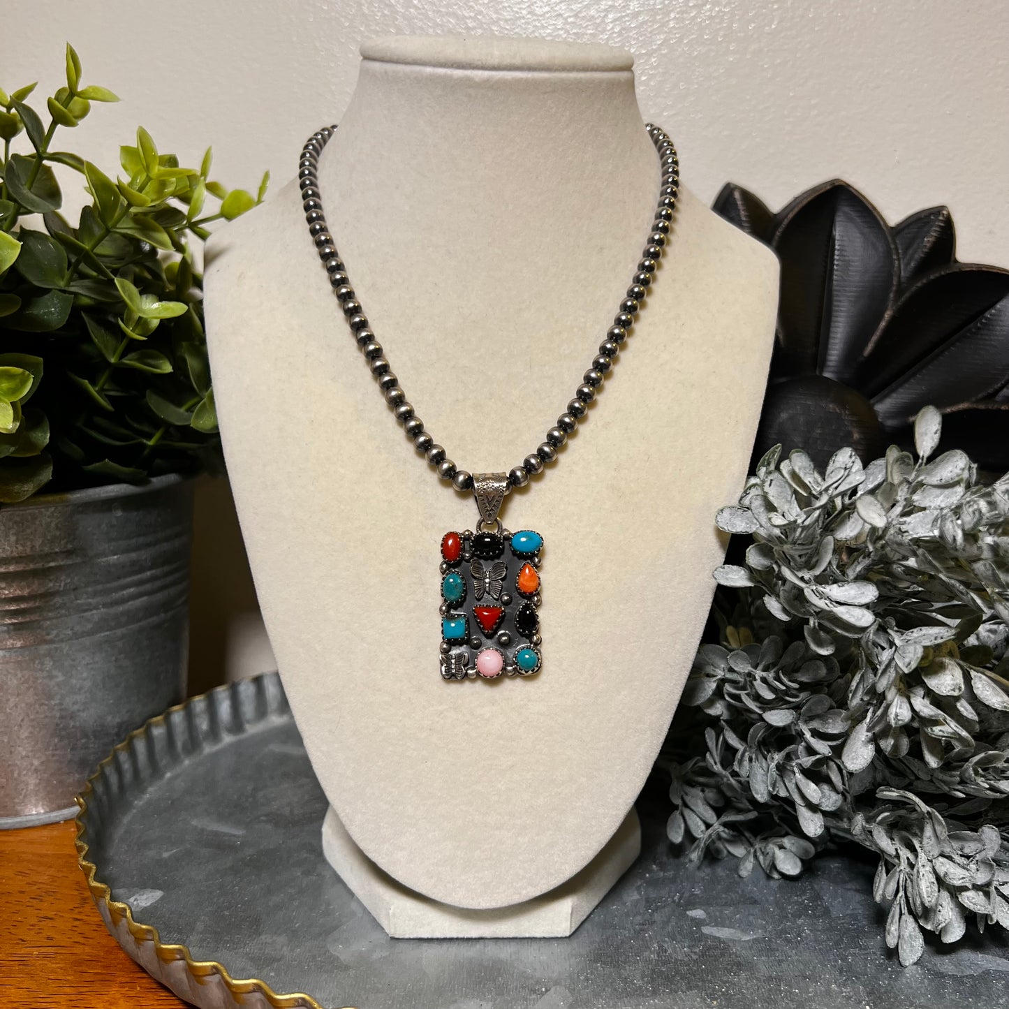 Sterling Silver Multi-Stone Butterfly Statement Pendant | Turquoise, Red Coral, Queen Conch & Black Onyx