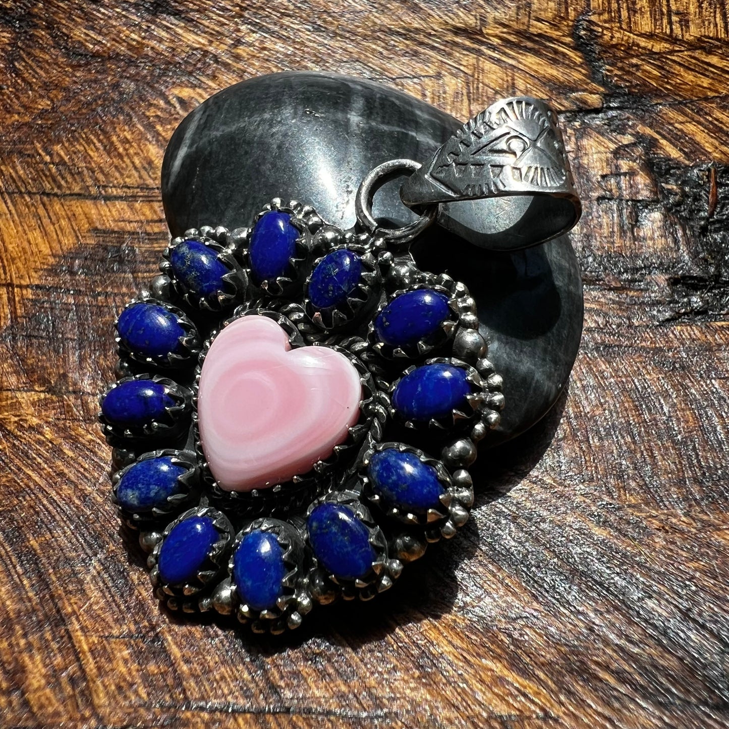 Pink Queen Conch Heart & Lapis Lazuli Statement Pendant – Sterling Silver