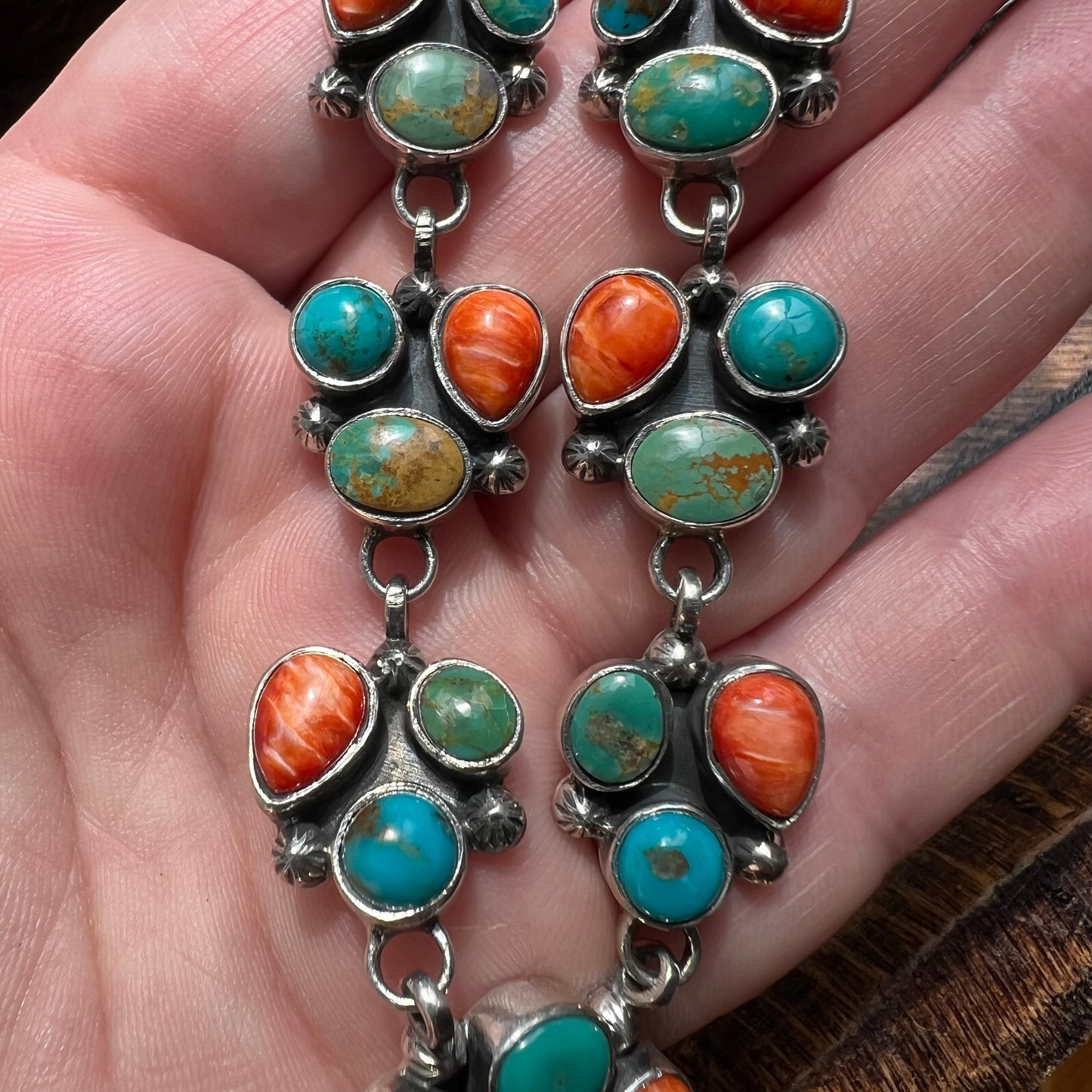 Collector’s Kingman Turquoise & Spiny Oyster Cluster Necklace – 29 Stone Statement