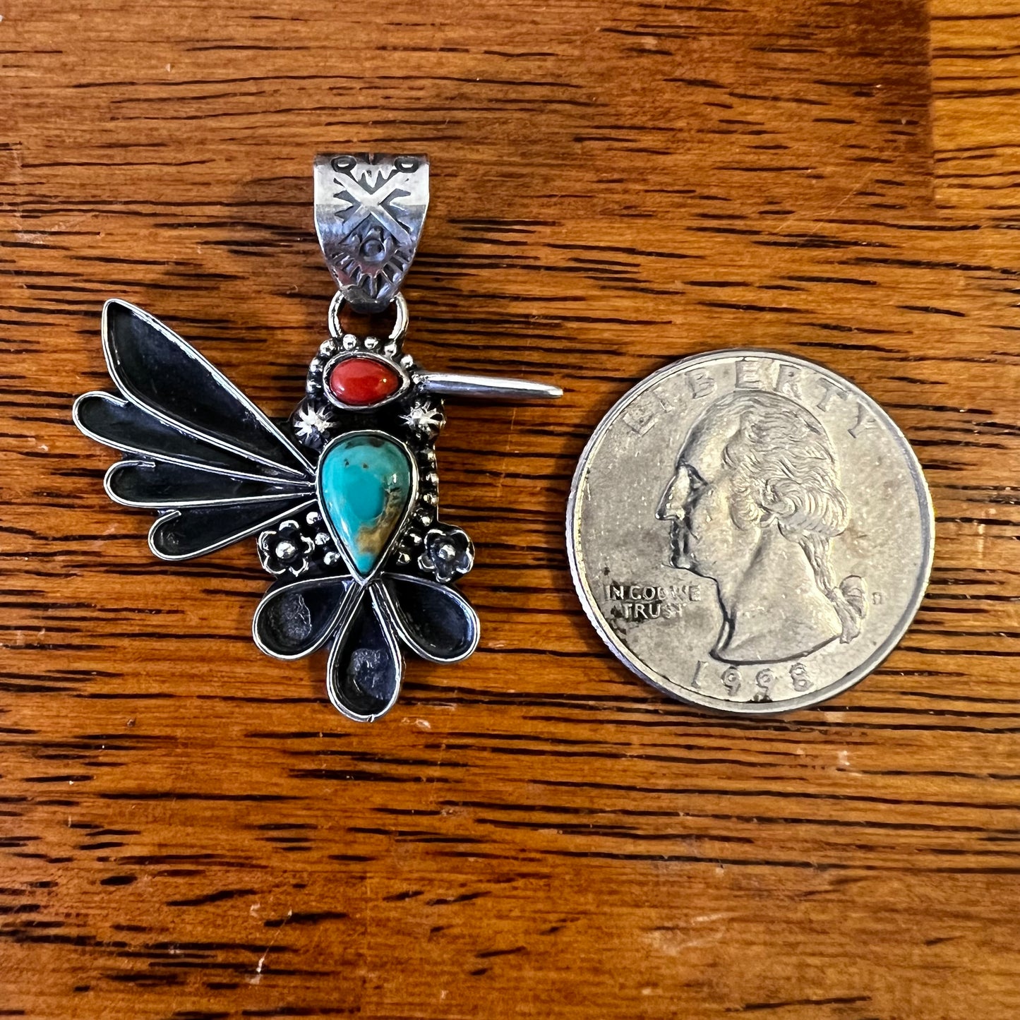 Kingman Turquoise & Italian Red Coral Hummingbird Pendant