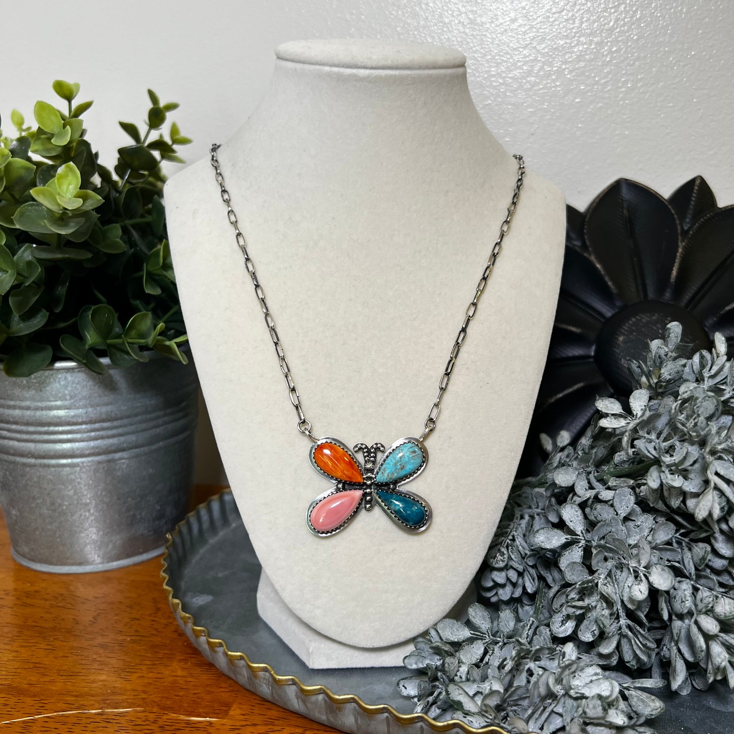 Multistone Butterfly Necklace – Kingman Turquoise, Spiny Oyster & Pink Conch Sterling Silver