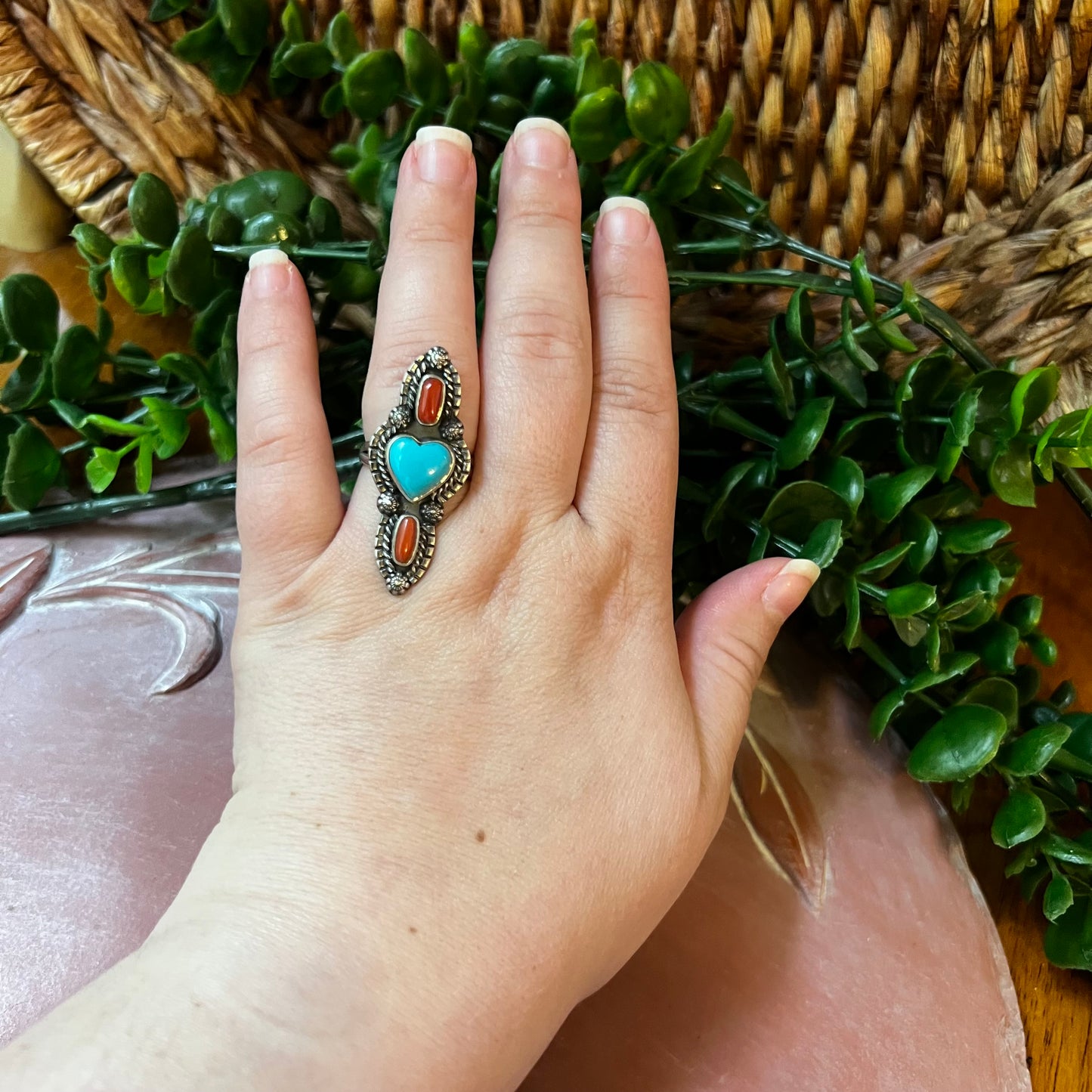Sterling Kingman Turquoise Heart Italian Red Coral Ring Size 8