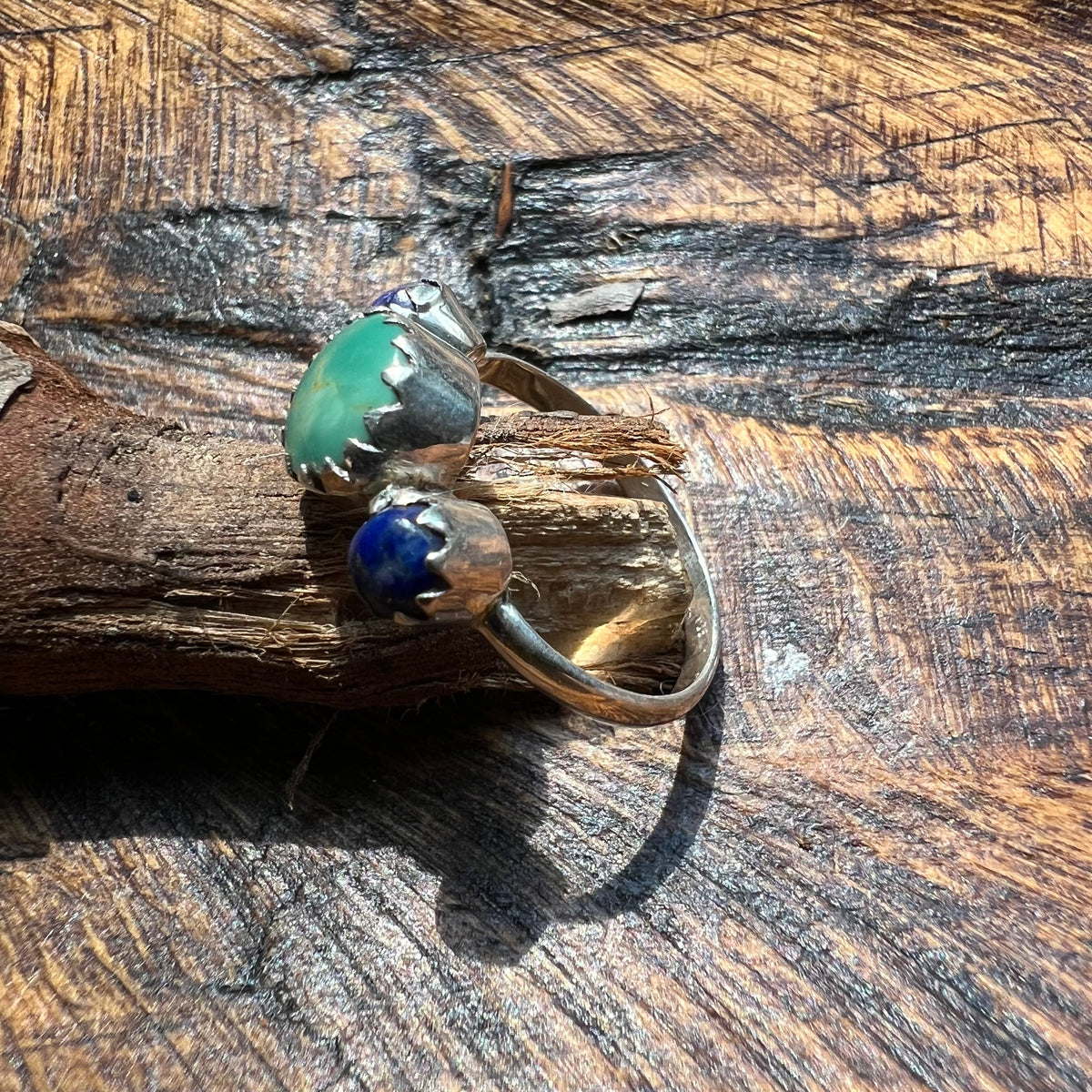 Sterling Silver Kingman Turquoise & Lapis Lazuli Three-Stone Ring